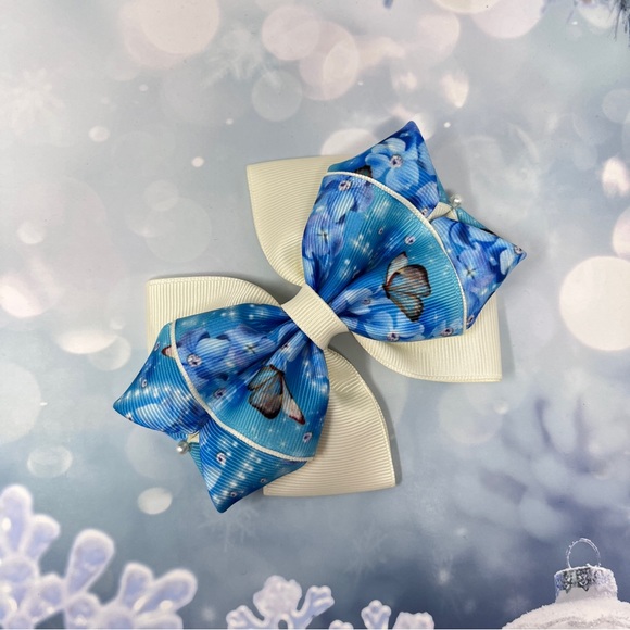 Handmade blue flower and butterflies hair bow clip for girls, 5” x 4” - Picture 2 of 5
